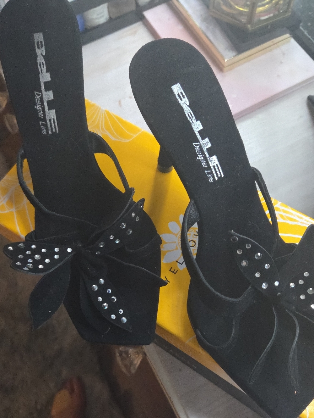 Belle NEVER WORN VINTAGE  Black flower Crystal-Embellished Heeled Sandals